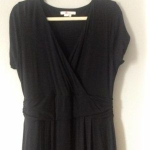 Boden Black Jersey Midi Dress, Ruched Waist, V Neck , Short Sleeve, Size 12